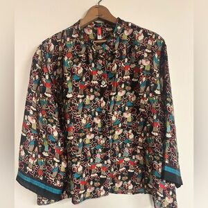 Josie Natori Blouse Asian-inspired print Size L Mandarin Collar Silky Smooth